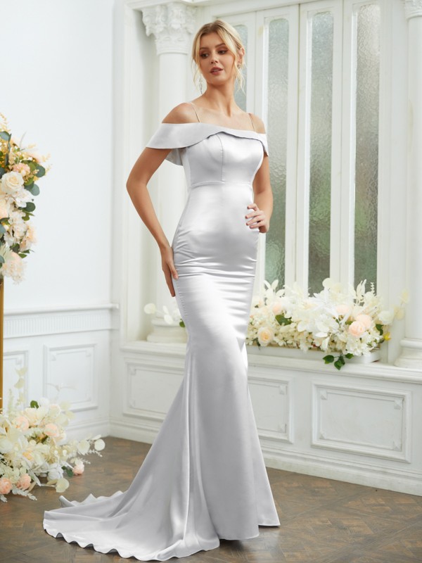 Sheath/Column Elastic Woven Satin Spaghetti Straps Sleeveless Sweep/Brush Train Bridesmaid Dresses 2941