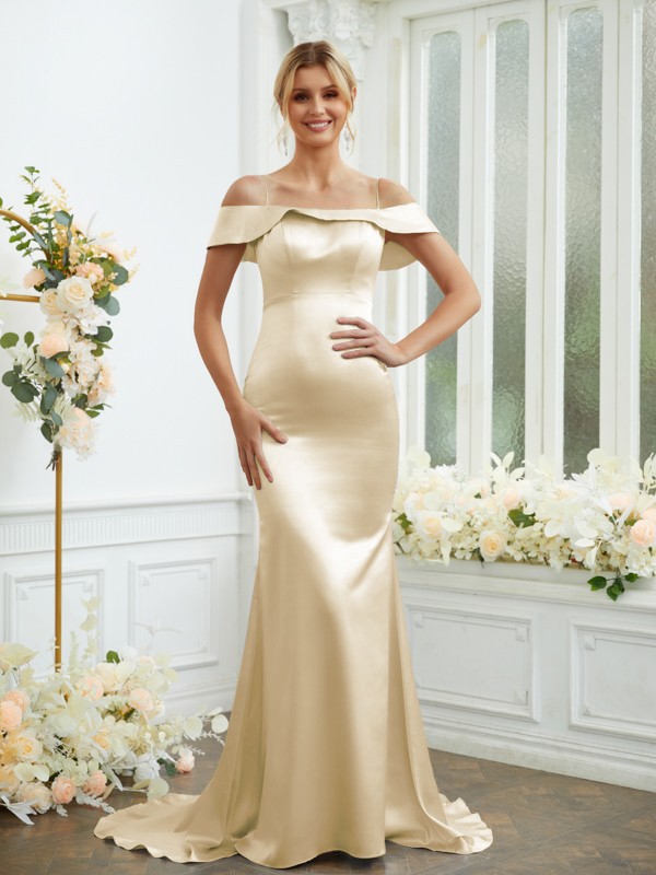 Sheath/Column Elastic Woven Satin Spaghetti Straps Sleeveless Sweep/Brush Train Bridesmaid Dresses 2941