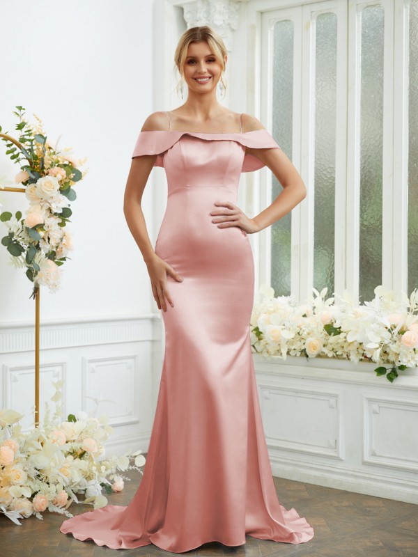 Sheath/Column Elastic Woven Satin Spaghetti Straps Sleeveless Sweep/Brush Train Bridesmaid Dresses 2941