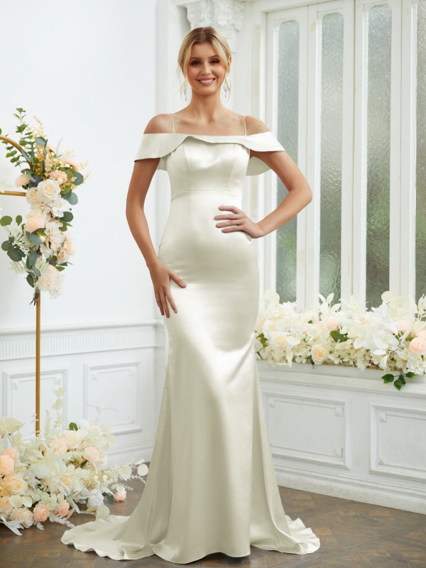 Sheath/Column Elastic Woven Satin Spaghetti Straps Sleeveless Sweep/Brush Train Bridesmaid Dresses 2941