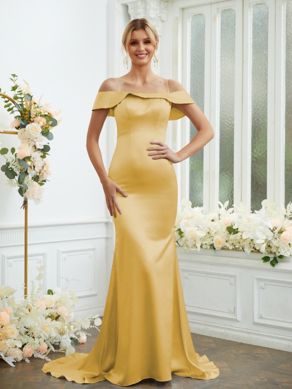 Sheath/Column Elastic Woven Satin Spaghetti Straps Sleeveless Sweep/Brush Train Bridesmaid Dresses 2941