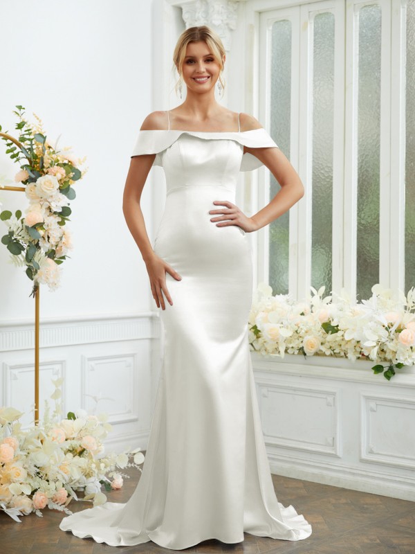 Sheath/Column Elastic Woven Satin Spaghetti Straps Sleeveless Sweep/Brush Train Bridesmaid Dresses 2941