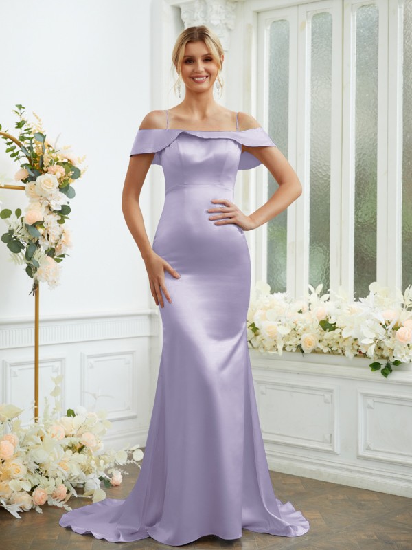 Sheath/Column Elastic Woven Satin Spaghetti Straps Sleeveless Sweep/Brush Train Bridesmaid Dresses 2941