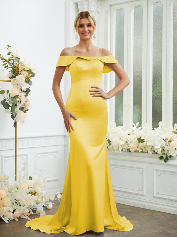 Sheath/Column Elastic Woven Satin Spaghetti Straps Sleeveless Sweep/Brush Train Bridesmaid Dresses 2941