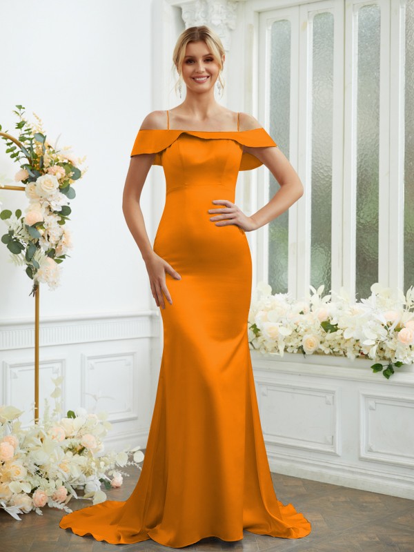 Sheath/Column Elastic Woven Satin Spaghetti Straps Sleeveless Sweep/Brush Train Bridesmaid Dresses 2941