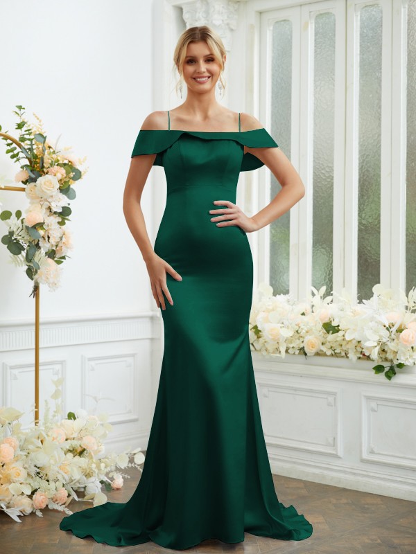 Sheath/Column Elastic Woven Satin Spaghetti Straps Sleeveless Sweep/Brush Train Bridesmaid Dresses 2941