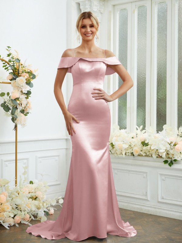 Sheath/Column Elastic Woven Satin Spaghetti Straps Sleeveless Sweep/Brush Train Bridesmaid Dresses 2941