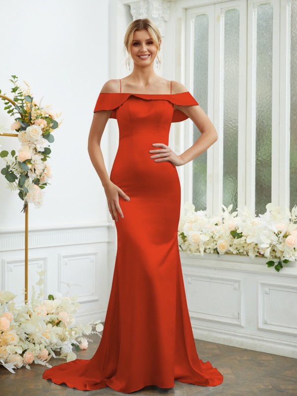 Sheath/Column Elastic Woven Satin Spaghetti Straps Sleeveless Sweep/Brush Train Bridesmaid Dresses 2941