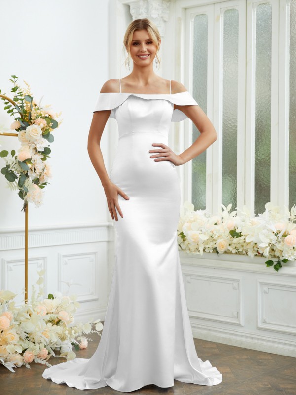 Sheath/Column Elastic Woven Satin Spaghetti Straps Sleeveless Sweep/Brush Train Bridesmaid Dresses 2941