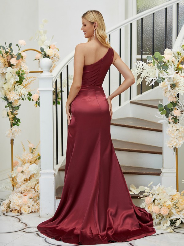 Sheath/Column Elastic Woven Satin Ruched One-Shoulder Sleeveless Sweep/Brush Train Bridesmaid Dresses 2926