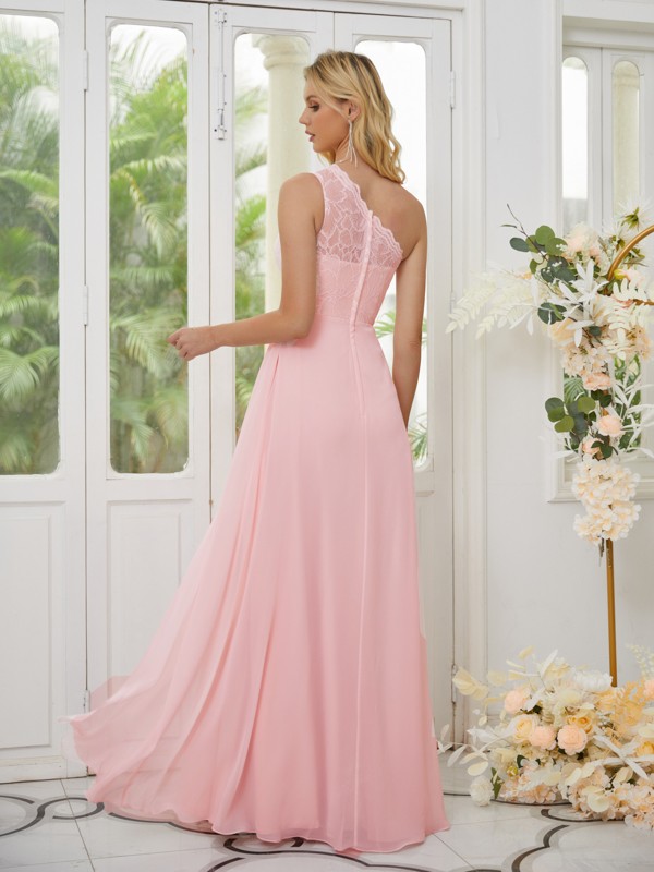 A-Line/Princess Chiffon Lace One-Shoulder Sleeveless Floor-Length Bridesmaid Dresses 2143