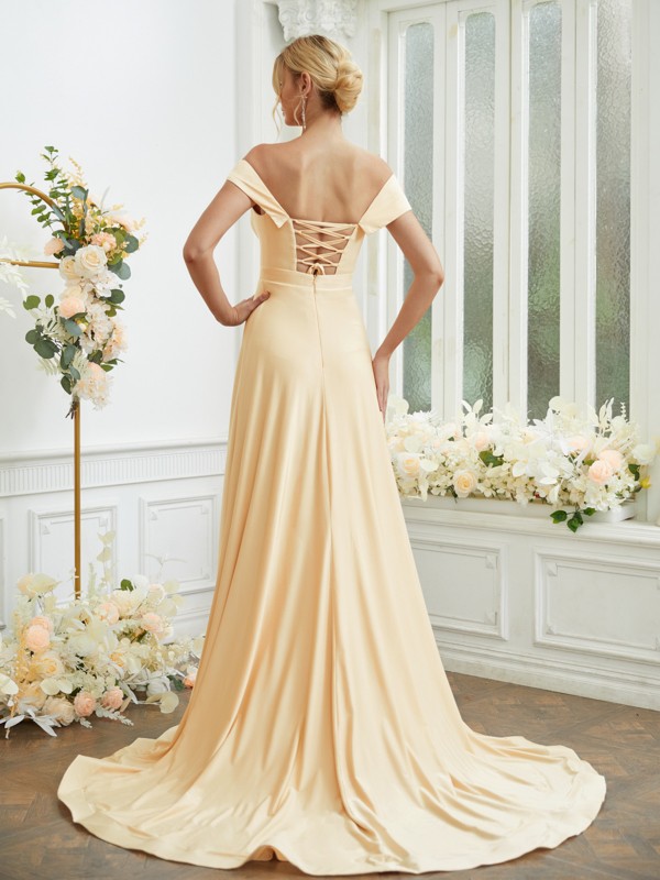 A-Line/Princess Jersey Ruched Off-the-Shoulder Sleeveless Court Train Bridesmaid Dresses 2320