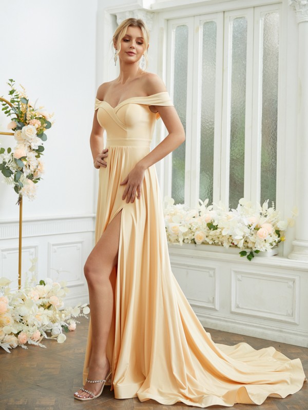 A-Line/Princess Jersey Ruched Off-the-Shoulder Sleeveless Court Train Bridesmaid Dresses 2320