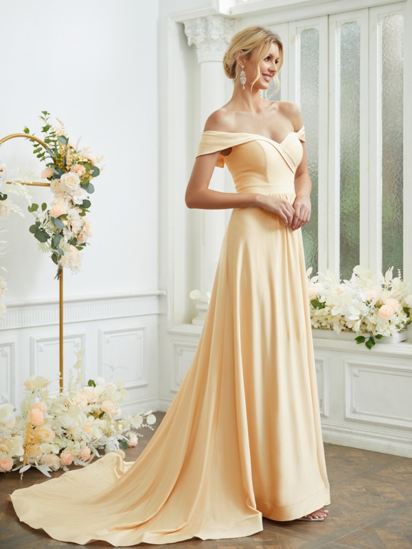 A-Line/Princess Jersey Ruched Off-the-Shoulder Sleeveless Court Train Bridesmaid Dresses 2320