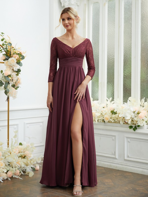 A-Line/Princess Chiffon Lace V-neck Long Sleeves Floor-Length Bridesmaid Dresses 2149