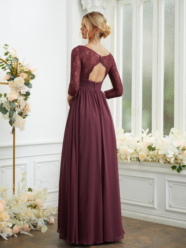 A-Line/Princess Chiffon Lace V-neck Long Sleeves Floor-Length Bridesmaid Dresses 2149