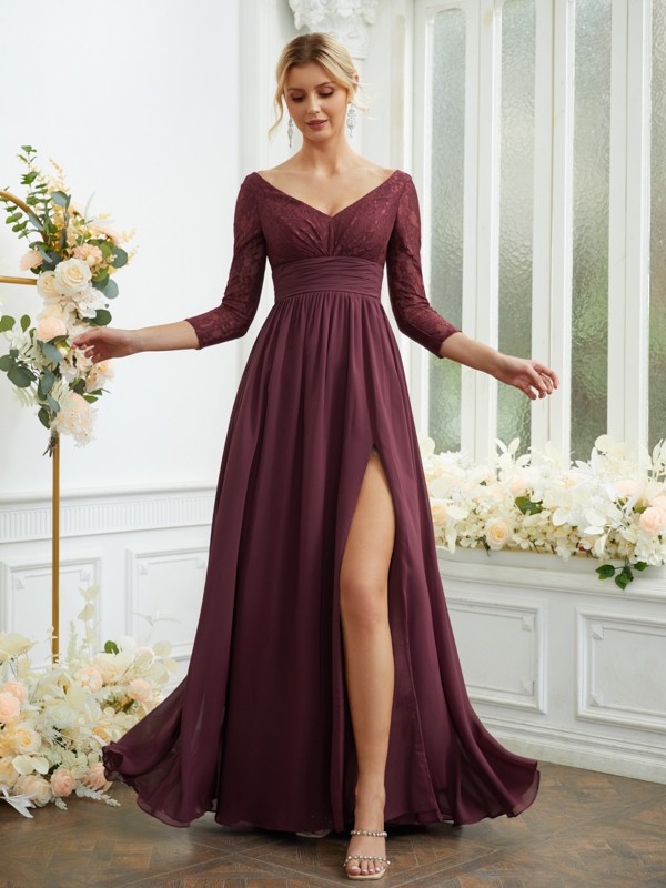 A-Line/Princess Chiffon Lace V-neck Long Sleeves Floor-Length Bridesmaid Dresses 2149