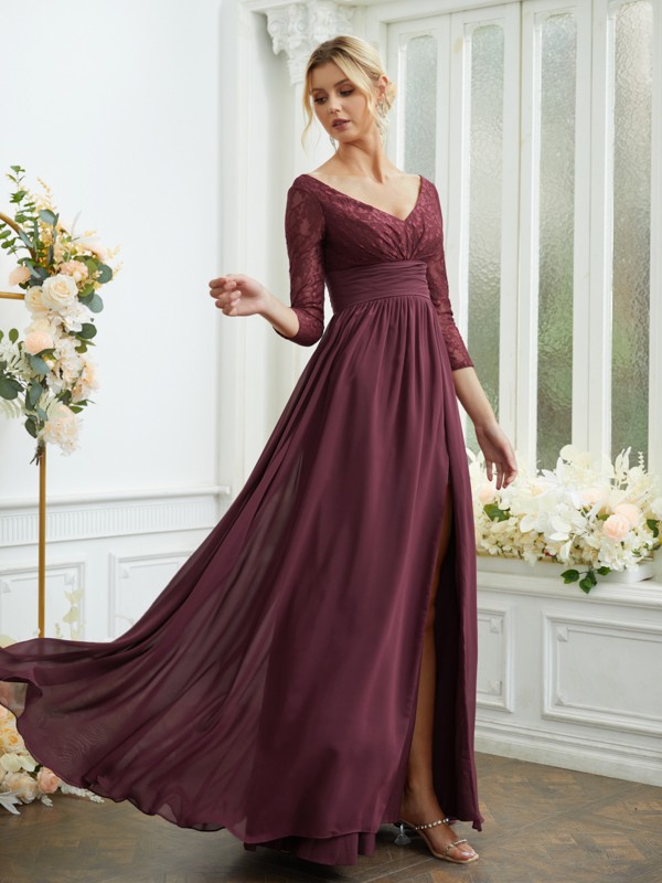 A-Line/Princess Chiffon Lace V-neck Long Sleeves Floor-Length Bridesmaid Dresses 2149