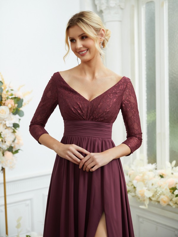 A-Line/Princess Chiffon Lace V-neck Long Sleeves Floor-Length Bridesmaid Dresses 2149