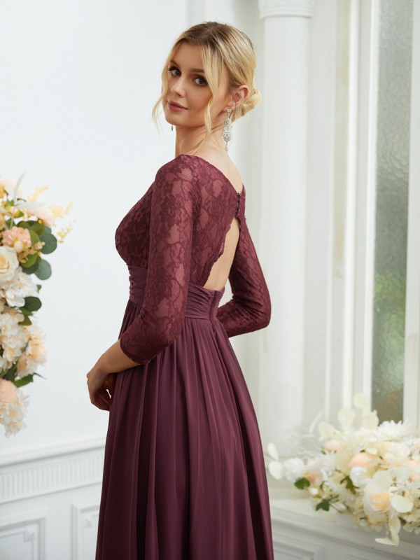 A-Line/Princess Chiffon Lace V-neck Long Sleeves Floor-Length Bridesmaid Dresses 2149