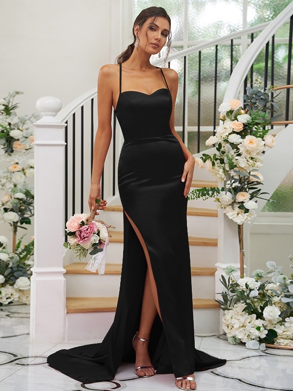 Sheath/Column Elastic Woven Satin Ruched Square Sleeveless Sweep/Brush Train Bridesmaid Dresses 2932