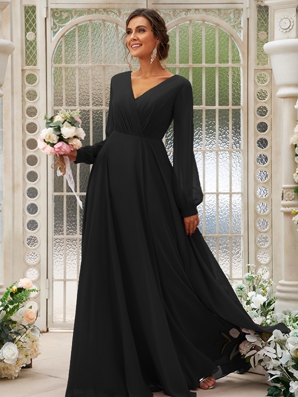 A-Line/Princess Chiffon Ruched V-neck Long Sleeves Floor-Length Bridesmaid Dresses 2169