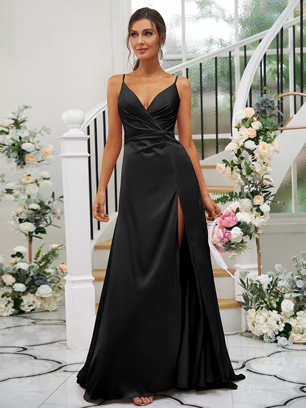 A-Line/Princess Silk like Satin Ruched V-neck Sleeveless Floor-Length Bridesmaid Dresses 2476