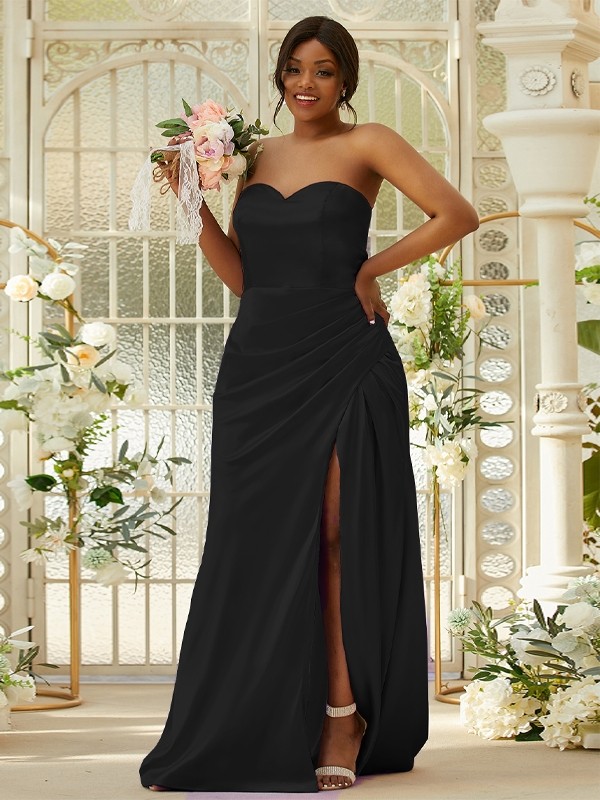 Sheath/Column Silk like Satin Ruched Sweetheart Sleeveless Sweep/Brush Train Bridesmaid Dresses 3079