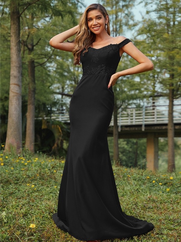 Sheath/Column Jersey Applique Off-the-Shoulder Sleeveless Sweep/Brush Train Bridesmaid Dresses 2954