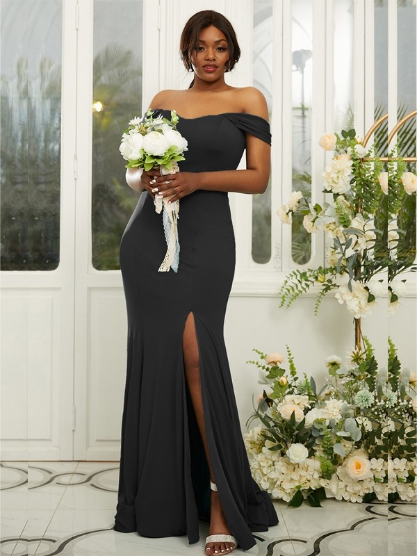 Sheath/Column Jersey Ruffles Off-the-Shoulder Sleeveless Sweep/Brush Train Bridesmaid Dresses 2969