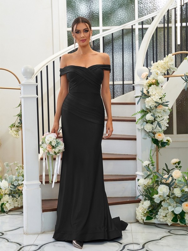 Sheath/Column Jersey Ruched Off-the-Shoulder Sleeveless Sweep/Brush Train Bridesmaid Dresses 2959