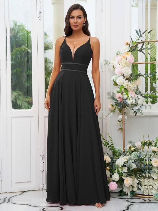 A-Line/Princess Chiffon Ruffles V-neck Sleeveless Floor-Length Bridesmaid Dresses 2239