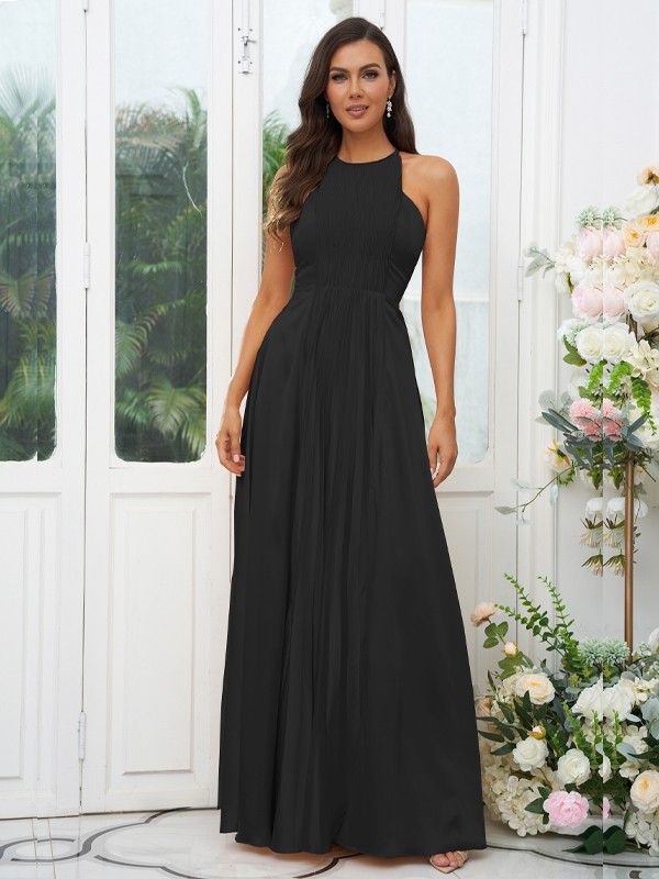 A-Line/Princess Silk like Satin Ruffles Halter Sleeveless Floor-Length Bridesmaid Dresses 2480