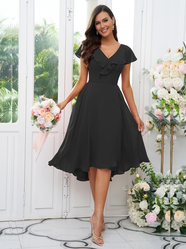 A-Line/Princess Chiffon Ruffles V-neck Short Sleeves Asymmetrical Bridesmaid Dresses 2221