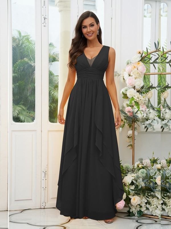 A-Line/Princess Chiffon Ruffles V-neck Sleeveless Floor-Length Bridesmaid Dresses 2240