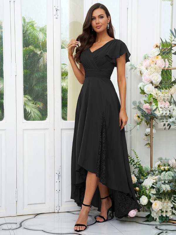 A-Line/Princess Chiffon Lace V-neck Short Sleeves Asymmetrical Bridesmaid Dresses 2151