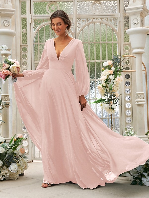 A-Line/Princess Chiffon Ruffles V-neck Long Sleeves Sweep/Brush Train Bridesmaid Dresses 2219