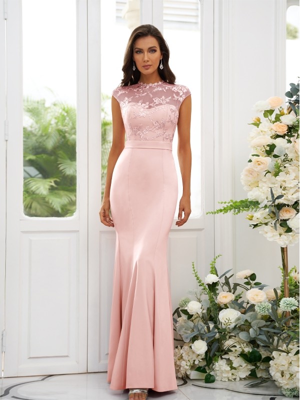 Trumpet/Mermaid Stretch Crepe Applique High Neck Sleeveless Floor-Length Bridesmaid Dresses 3243