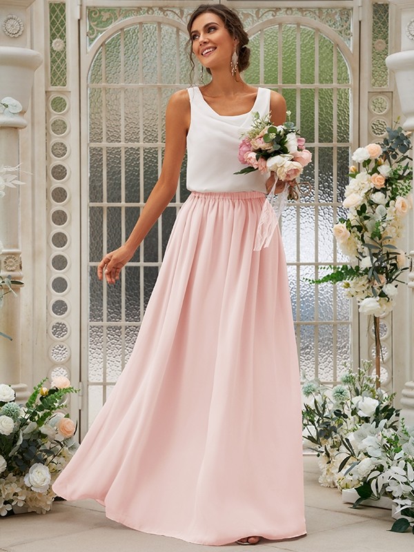 A-Line/Princess Chiffon Ruffles Scoop Sleeveless Floor-Length Two Piece Bridesmaid Dresses 2210