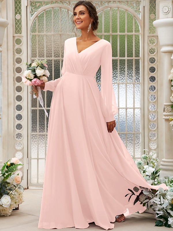 A-Line/Princess Chiffon Ruched V-neck Long Sleeves Floor-Length Bridesmaid Dresses 2169