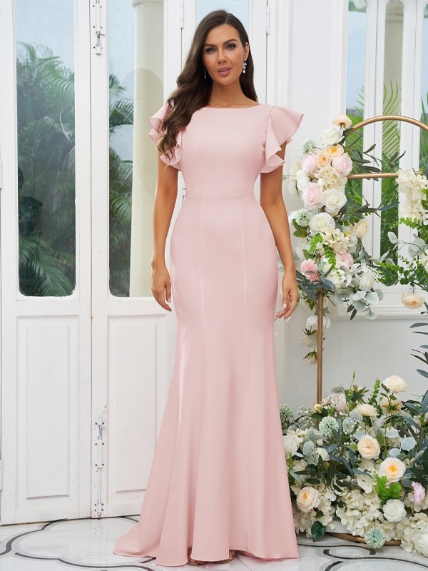 Sheath/Column Stretch Crepe Ruffles Scoop Short Sleeves Sweep/Brush Train Bridesmaid Dresses 3193