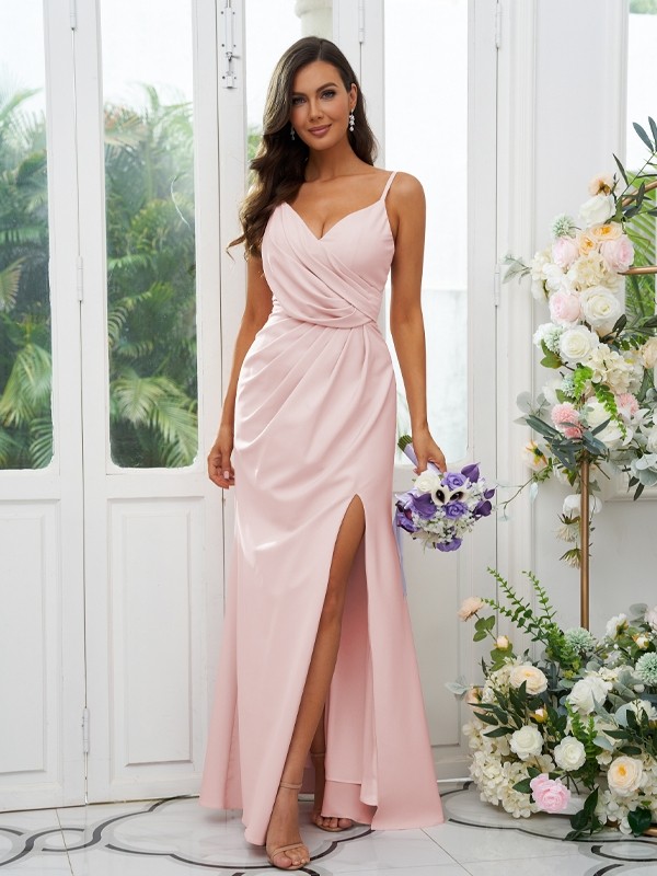 A-Line/Princess Stretch Crepe Ruched V-neck Sleeveless Floor-Length Bridesmaid Dresses 2660