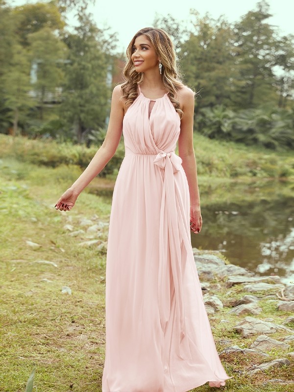 A-Line/Princess Chiffon Ruffles Halter Sleeveless Sweep/Brush Train Bridesmaid Dresses 2196