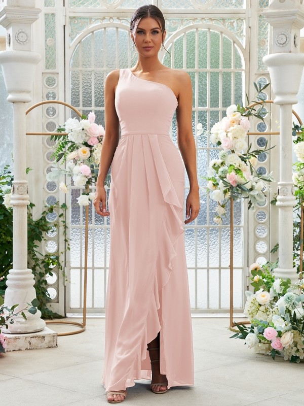 Sheath/Column Chiffon Ruffles One-Shoulder Sleeveless Floor-Length Bridesmaid Dresses 2914