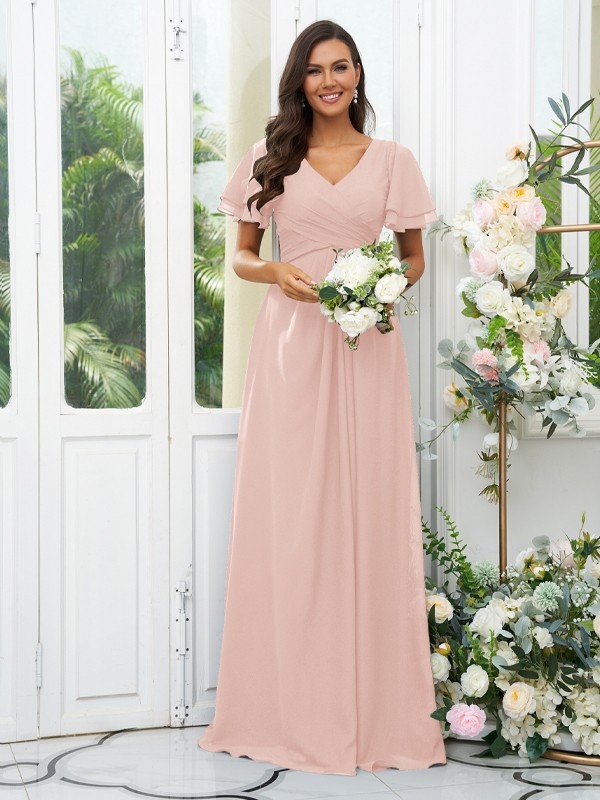 A-Line/Princess Chiffon Ruffles V-neck Short Sleeves Floor-Length Bridesmaid Dresses 2225