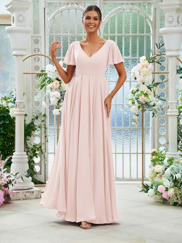 A-Line/Princess Chiffon Ruffles V-neck Short Sleeves Floor-Length Bridesmaid Dresses 2226