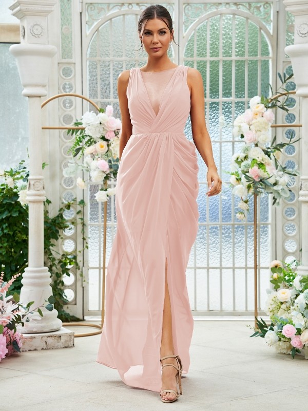 Sheath/Column Chiffon Ruched Scoop Sleeveless Floor-Length Bridesmaid Dresses 2904