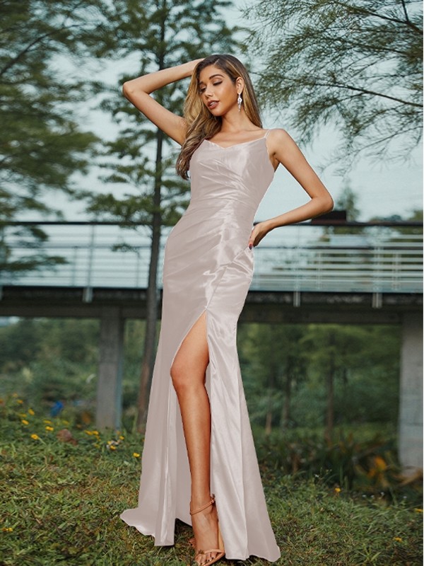 Sheath/Column Silk like Satin Ruched V-neck Sleeveless Floor-Length Bridesmaid Dresses 3083