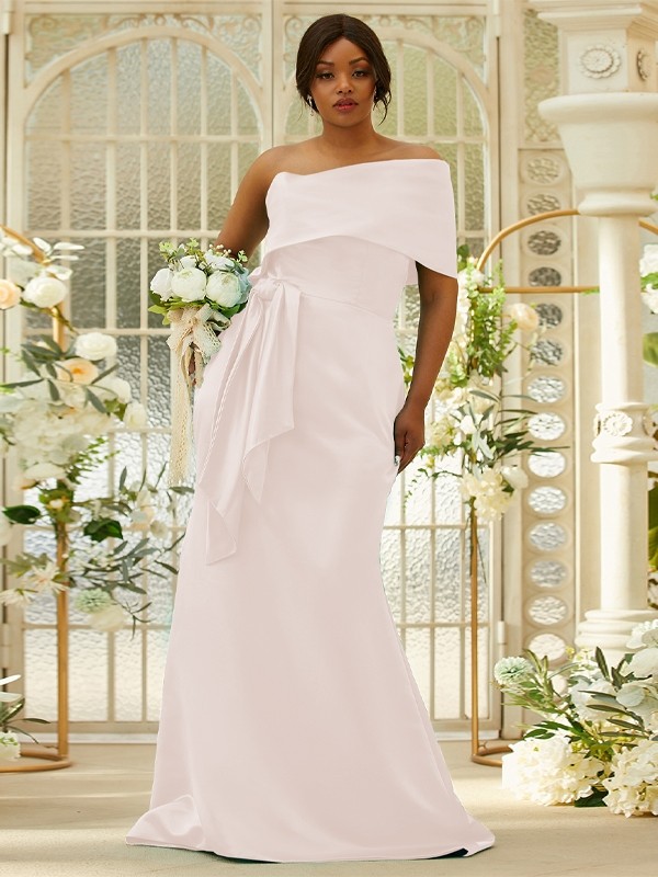 Sheath/Column Satin Ruched One-Shoulder Sleeveless Sweep/Brush Train Bridesmaid Dresses 3022