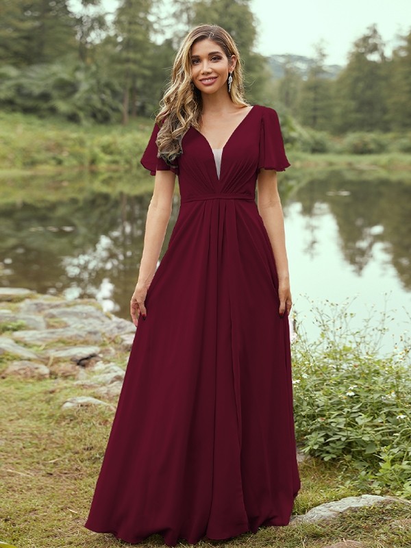 A-Line/Princess Chiffon Ruffles V-neck Short Sleeves Floor-Length Bridesmaid Dresses 2223